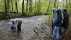 Student tilting bucket to release young trout in river