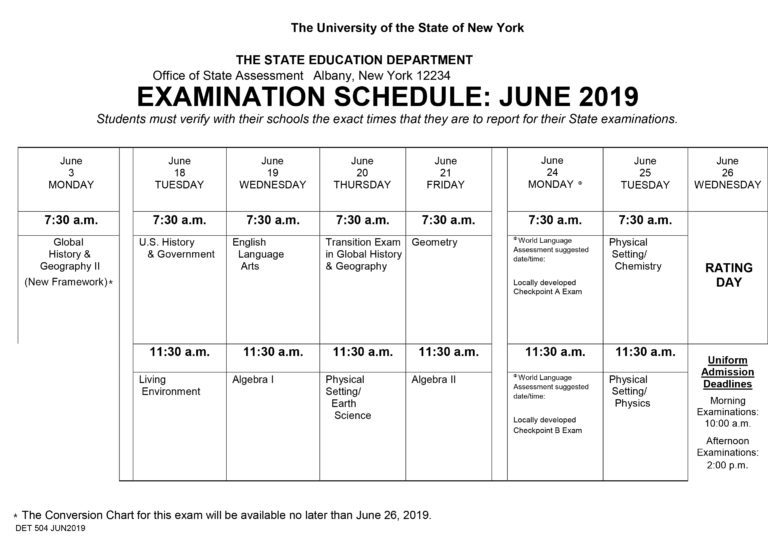 Regents Examination Schedule June 2019 Berlin Central School District