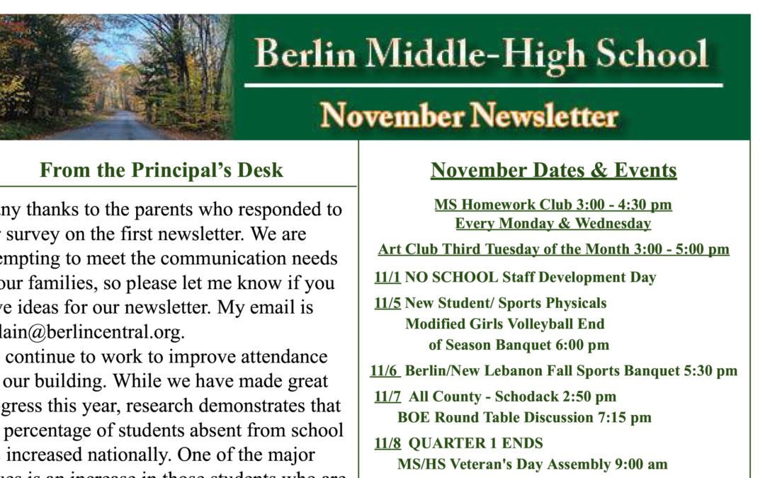 November Newsletter from the Principal of the Ms/Hs