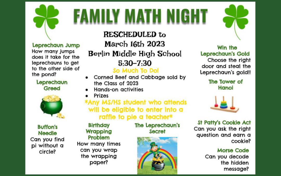 Family Math Night RESCHEDULED to 3/16 at BMHS!