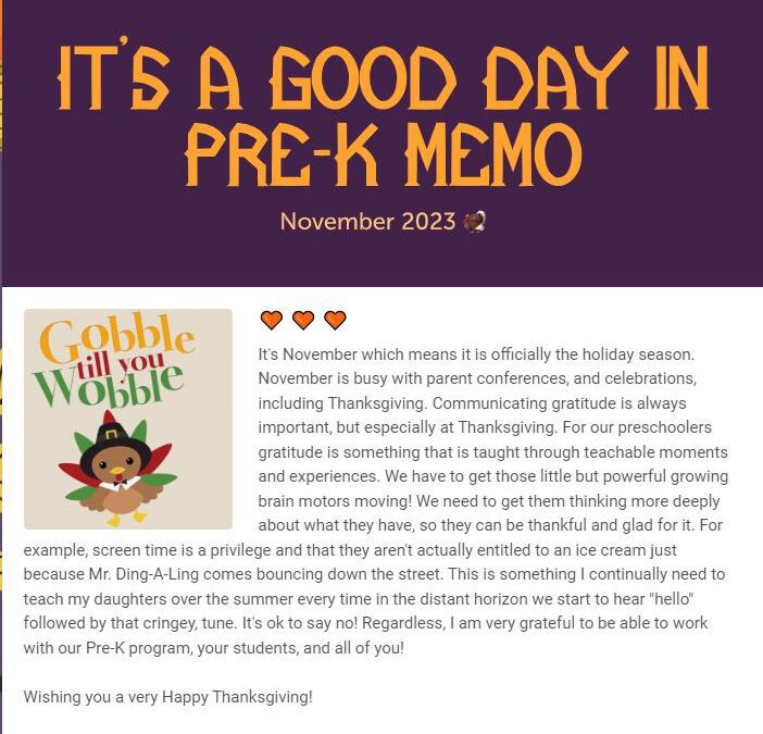 It’s a Good Day in Pre-K Newsletter – November 2023