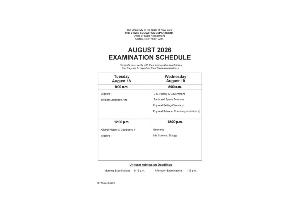 August 2026 Regents Examination Schedule