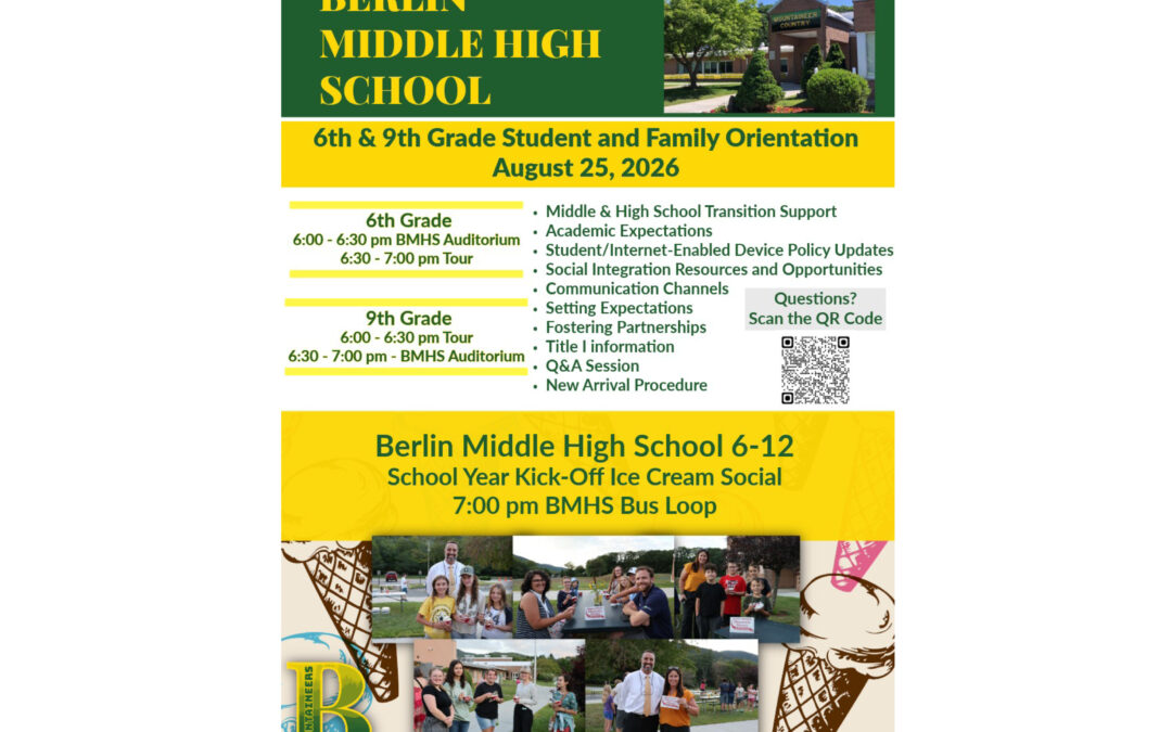 6th & 9th-Grade Family Orientation and 6th–12th Ice Cream Social 8/25!